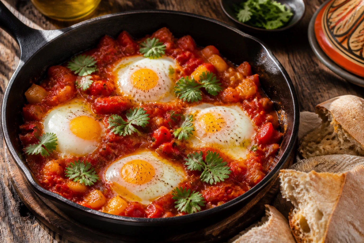 Poêle de tchoutchouka marocaine avec œufs coulants, poivrons fondus et coriandre fraîche