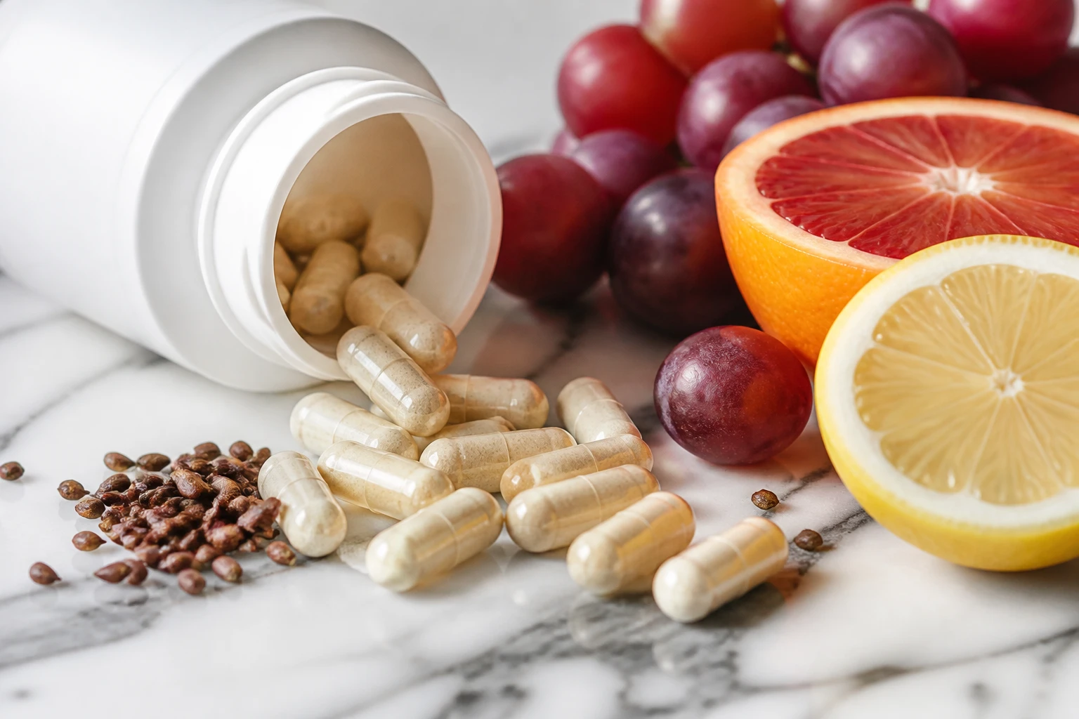 Gélules de complément alimentaire antioxydant avec pépins de raisin et agrumes sur marbre blanc