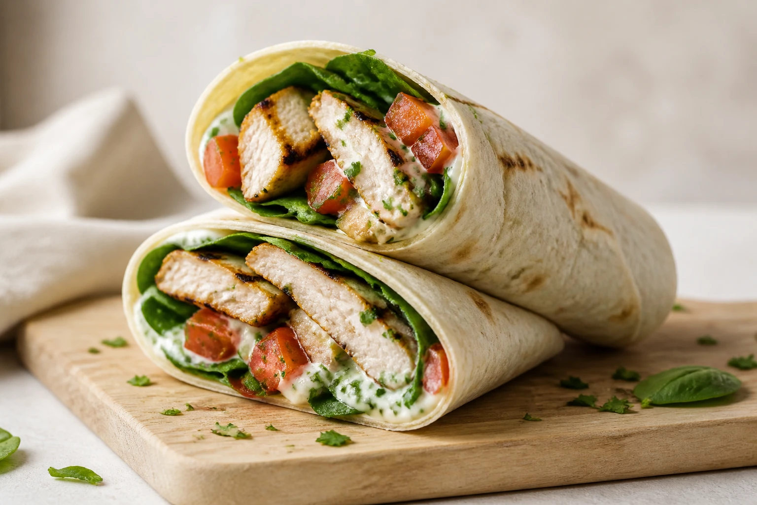 Deux wraps poulet healthy coupés en biais sur une planche en bois, garnis de légumes frais, sauce yaourt et herbes