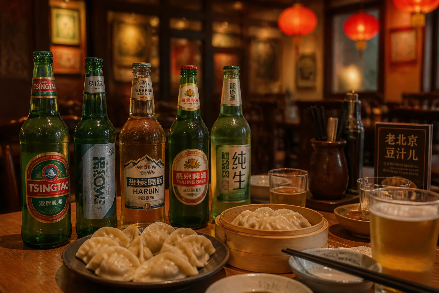 Bouteilles de bières chinoises Tsingtao et Snow sur une table de restaurant avec plats vapeur