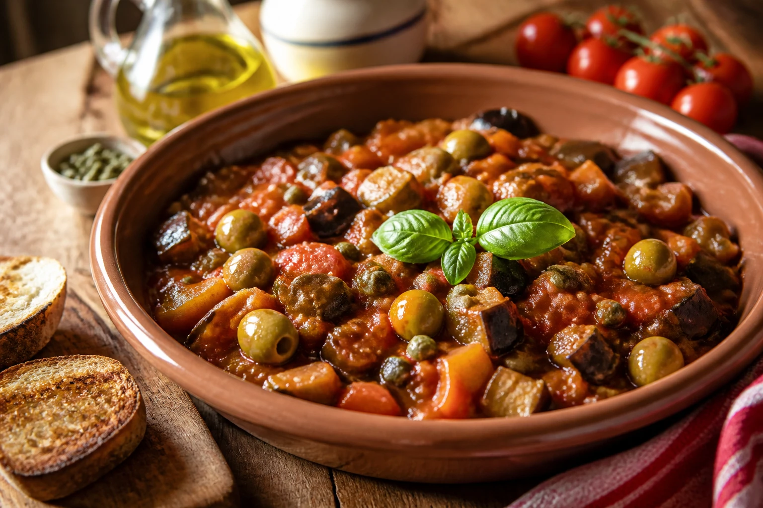 Plat en terre cuite de caponata sicilienne aux aubergines, câpres et olives servi avec du pain grillé