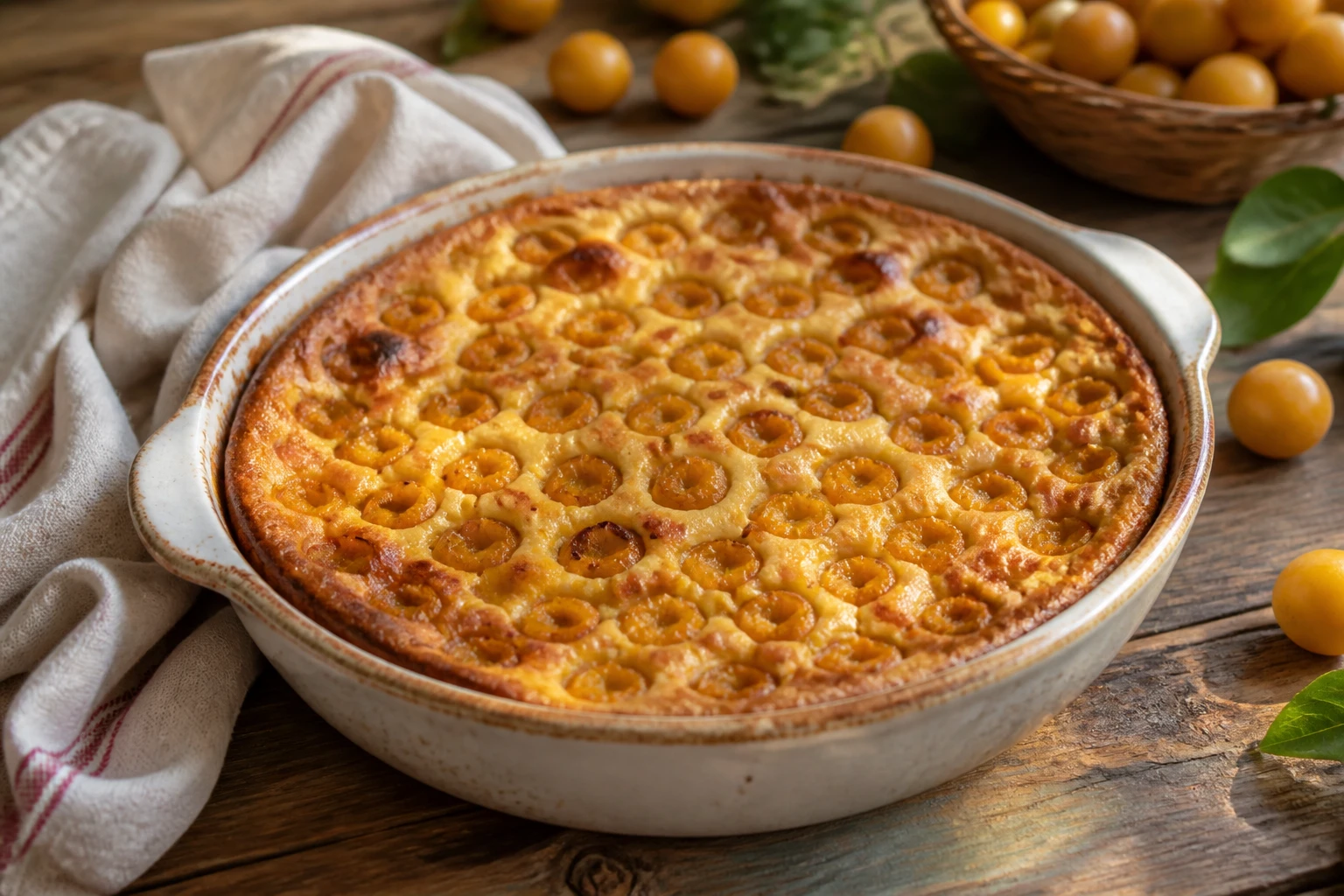 Clafoutis à la mirabelle doré et moelleux dans un plat en céramique, entouré de mirabelles fraîches