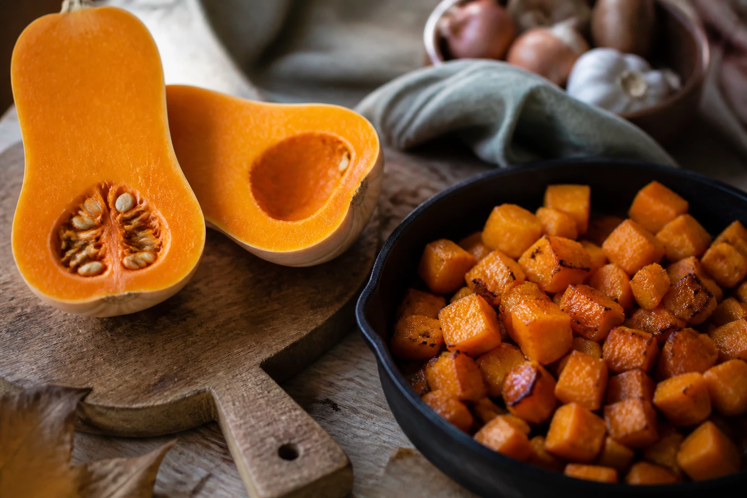 Courge butternut coupée en deux et cubes rôtis caramélisés dans un plat en fonte sur planche en bois