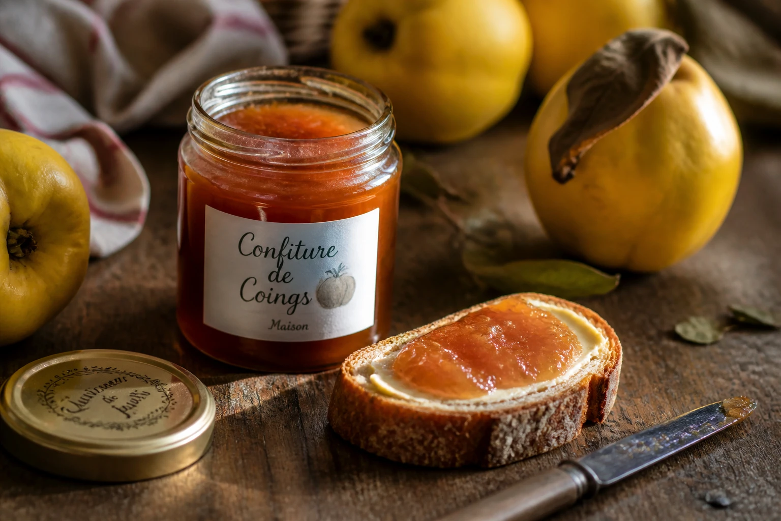 Pot de confiture de coing maison ambrée avec tartine et coings frais sur table en bois