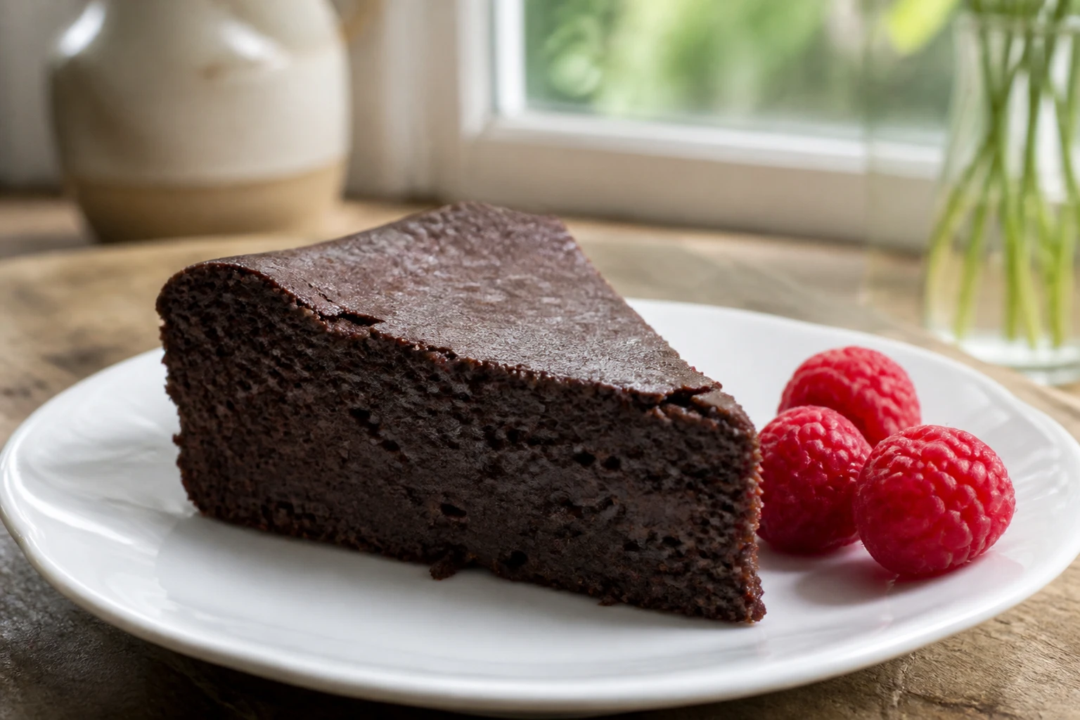 Gâteau au chocolat fondant sans sucre pour diabétique sur une assiette blanche avec framboises fraîches