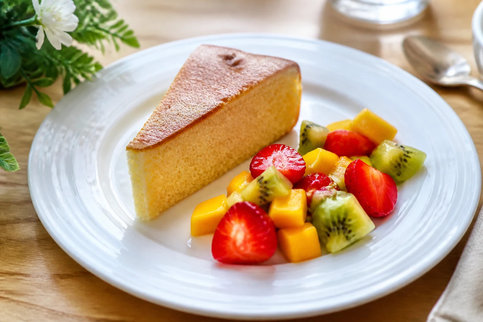 Tranche de génoise légère servie avec une salade de fruits frais colorés sur assiette blanche