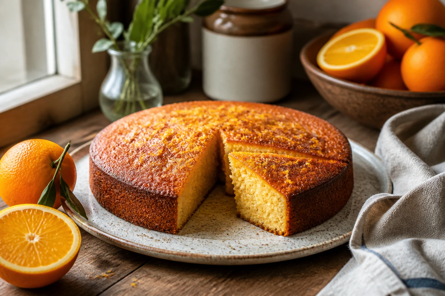 Gâteau à l'orange moelleux tranché, mie dorée, entouré d'oranges fraîches sur une table en bois