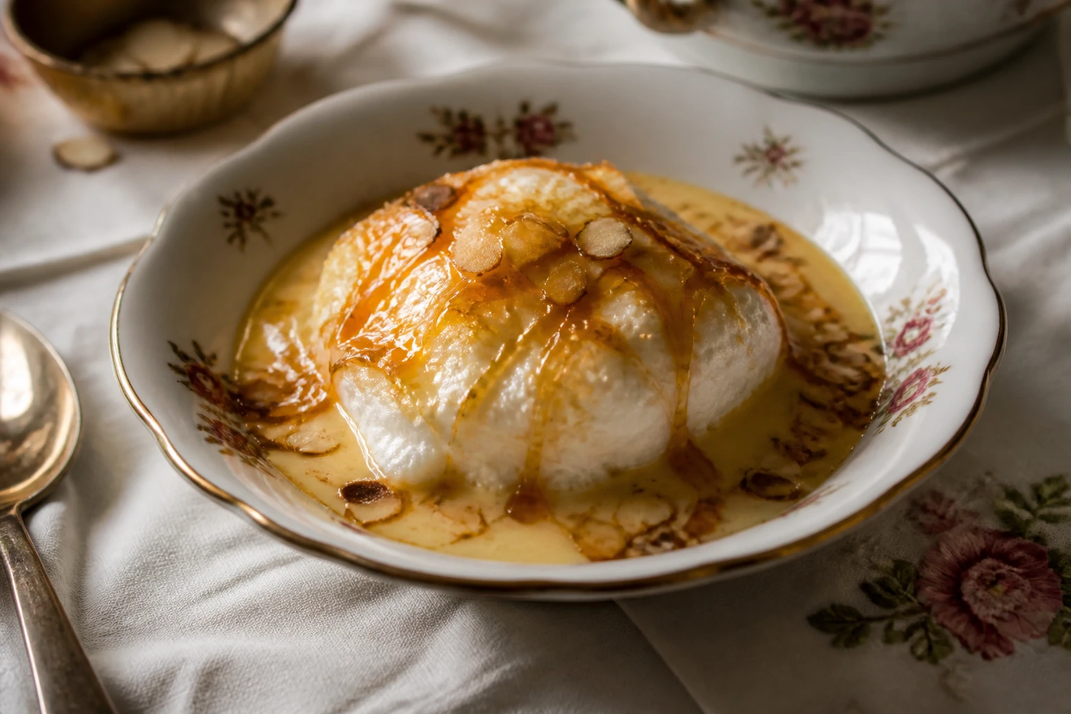 Île flottante traditionnelle avec blancs en neige nappés de caramel sur crème anglaise dans une coupelle en porcelaine