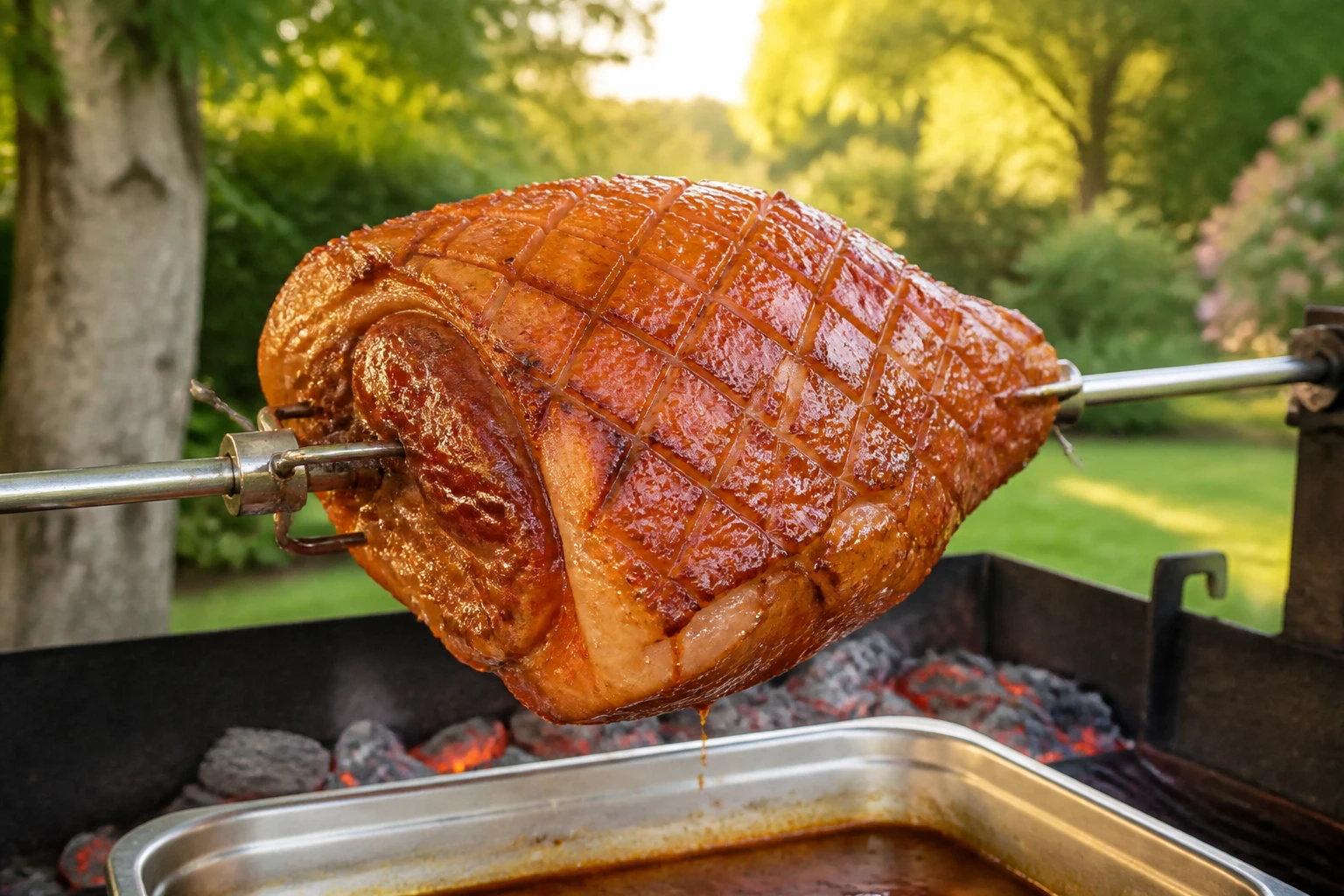 Jambon à la broche doré sur braises, couenne laquée caramélisée, jus de cuisson dans lèchefrite