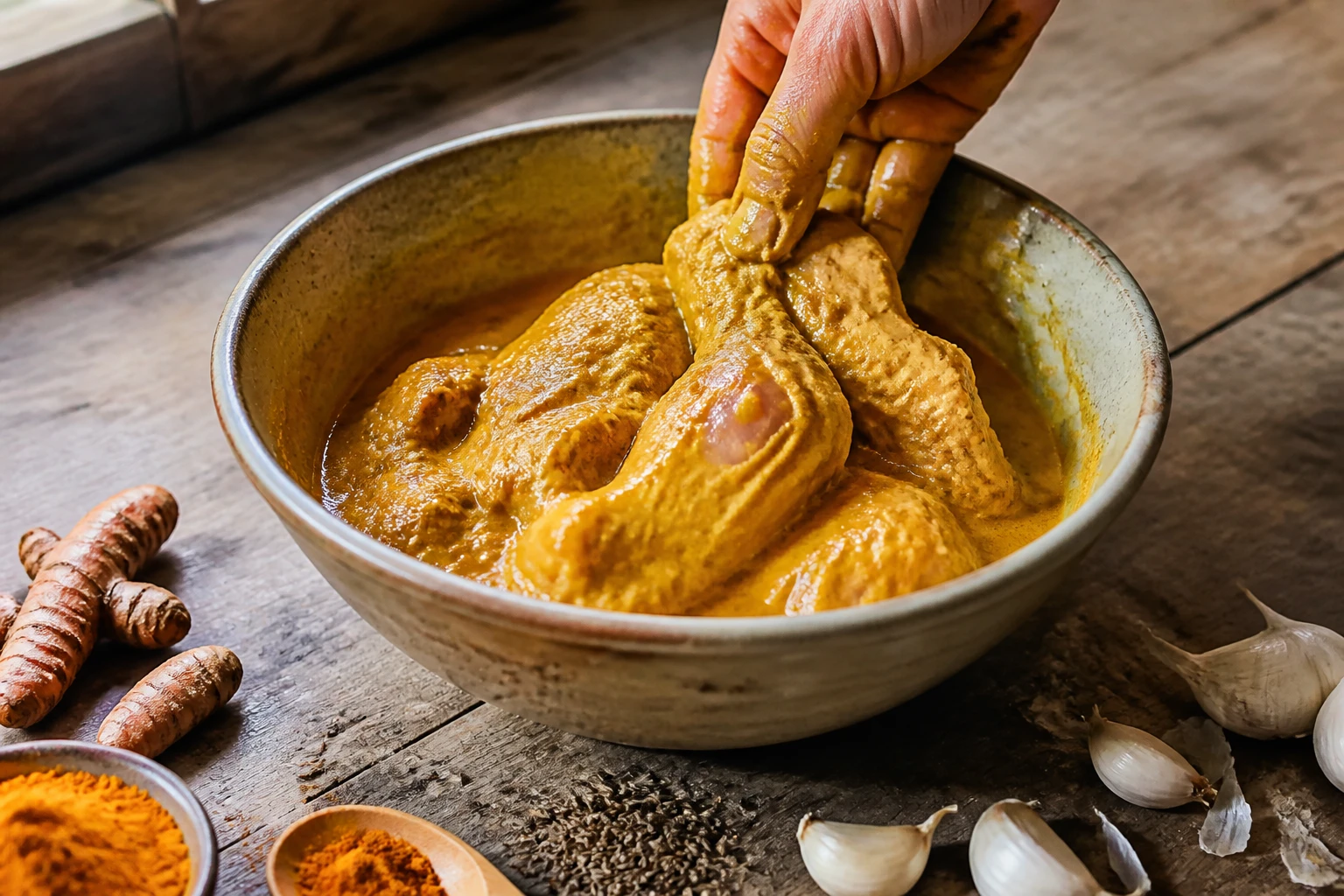 Bol de marinade curry dorée avec morceaux de poulet et épices sur plan de travail en bois