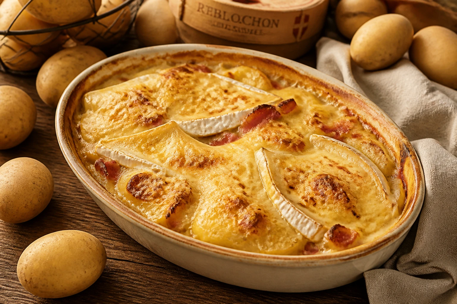Plat de tartiflette dorée au four avec pommes de terre Charlotte et reblochon fondu