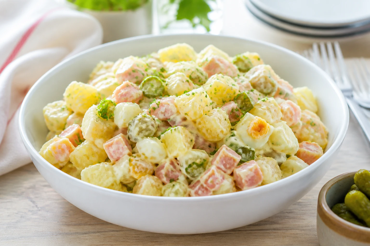 Salade piémontaise maison dans un saladier blanc, pommes de terre, œufs durs et jambon