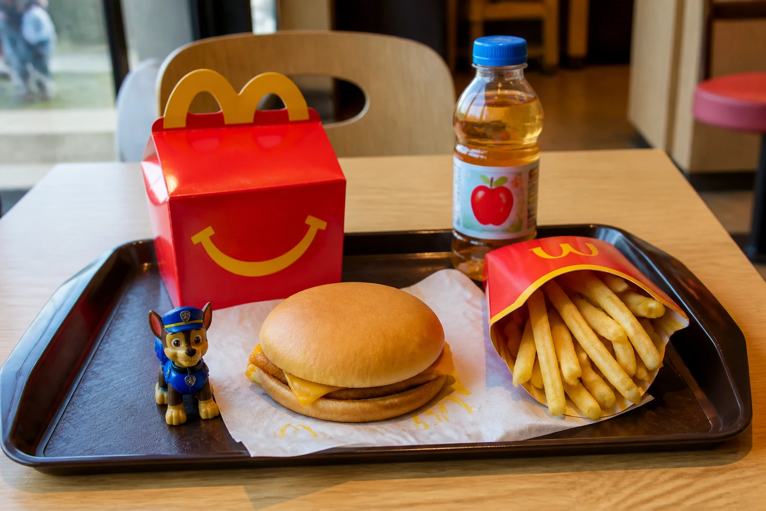 Menu enfant type Happy Meal avec burger, frites, boisson et jouet sur un plateau de restauration rapide