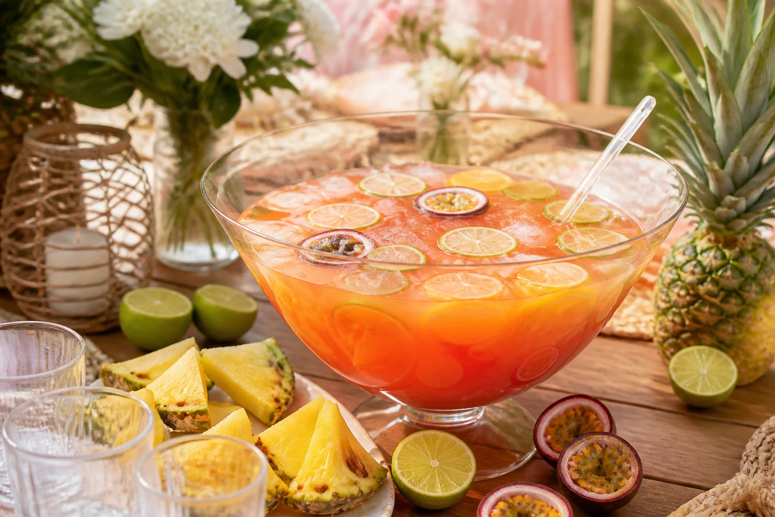 Saladier de punch tropical pour 50 personnes avec fruits frais, glaçons et citrons verts sur table de réception