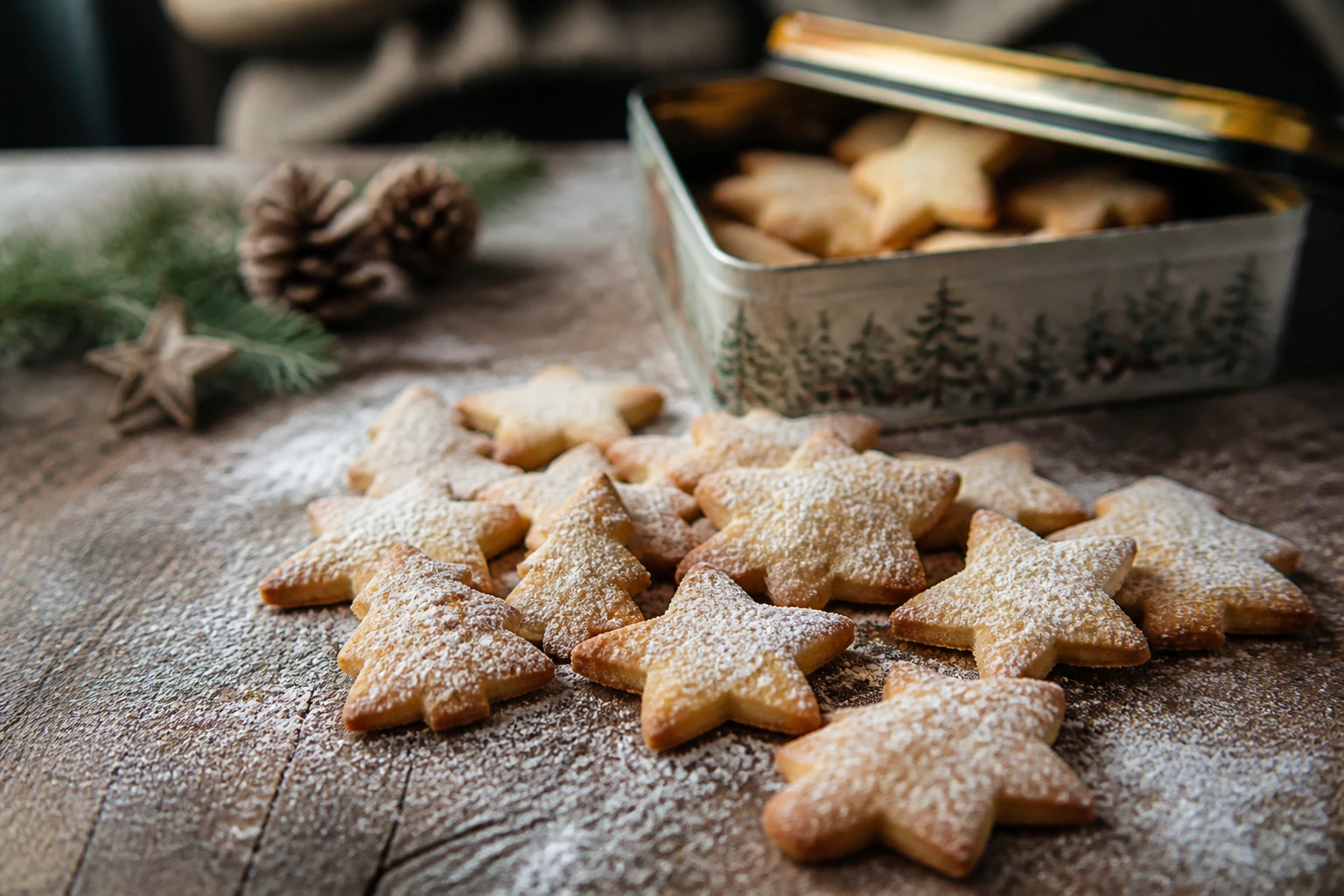 Bredele de Noël en forme d'étoiles et de sapins sur une table en bois avec boîte métallique