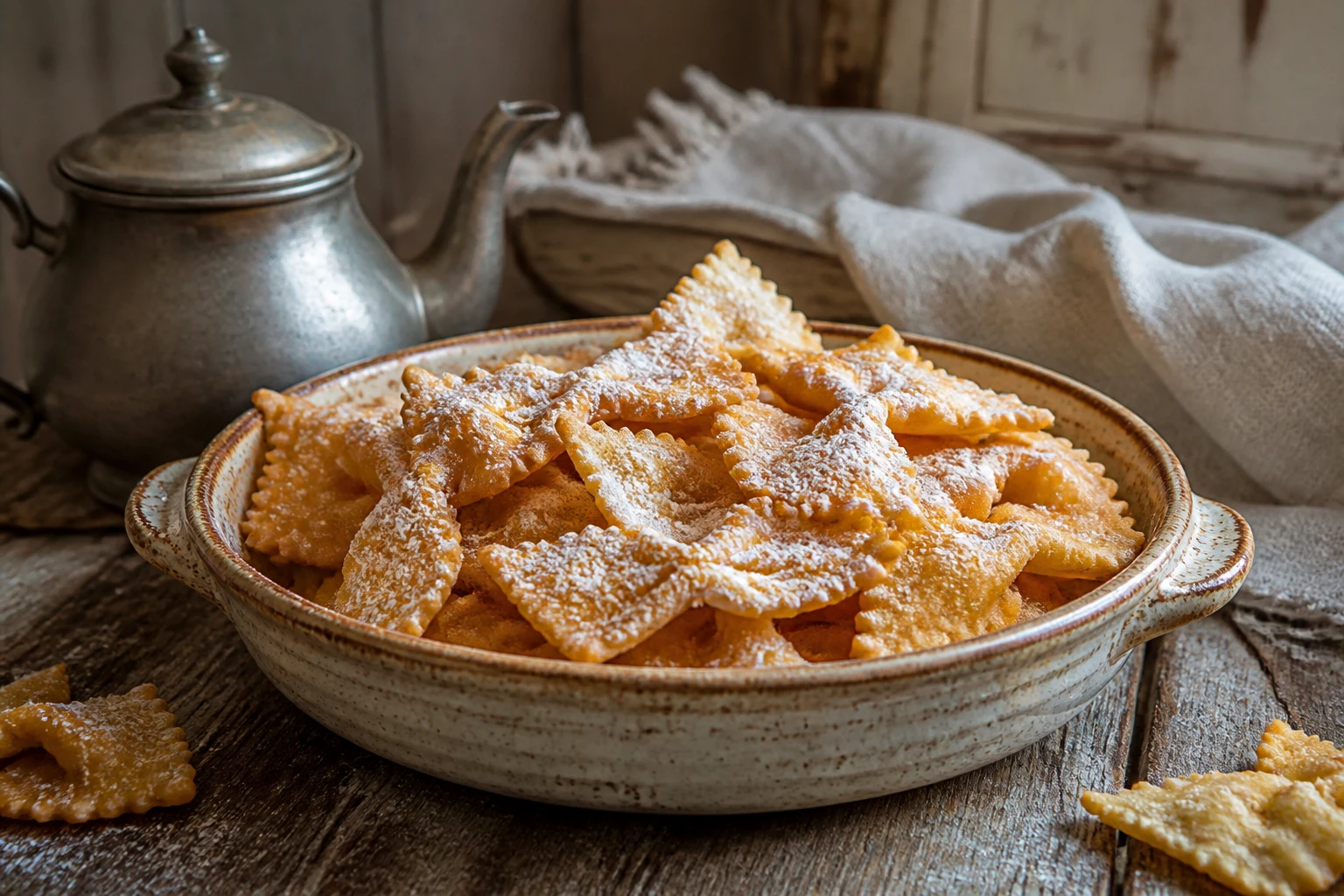 Plat d'oreillettes croustillantes saupoudrées de sucre glace sur une table en bois rustique