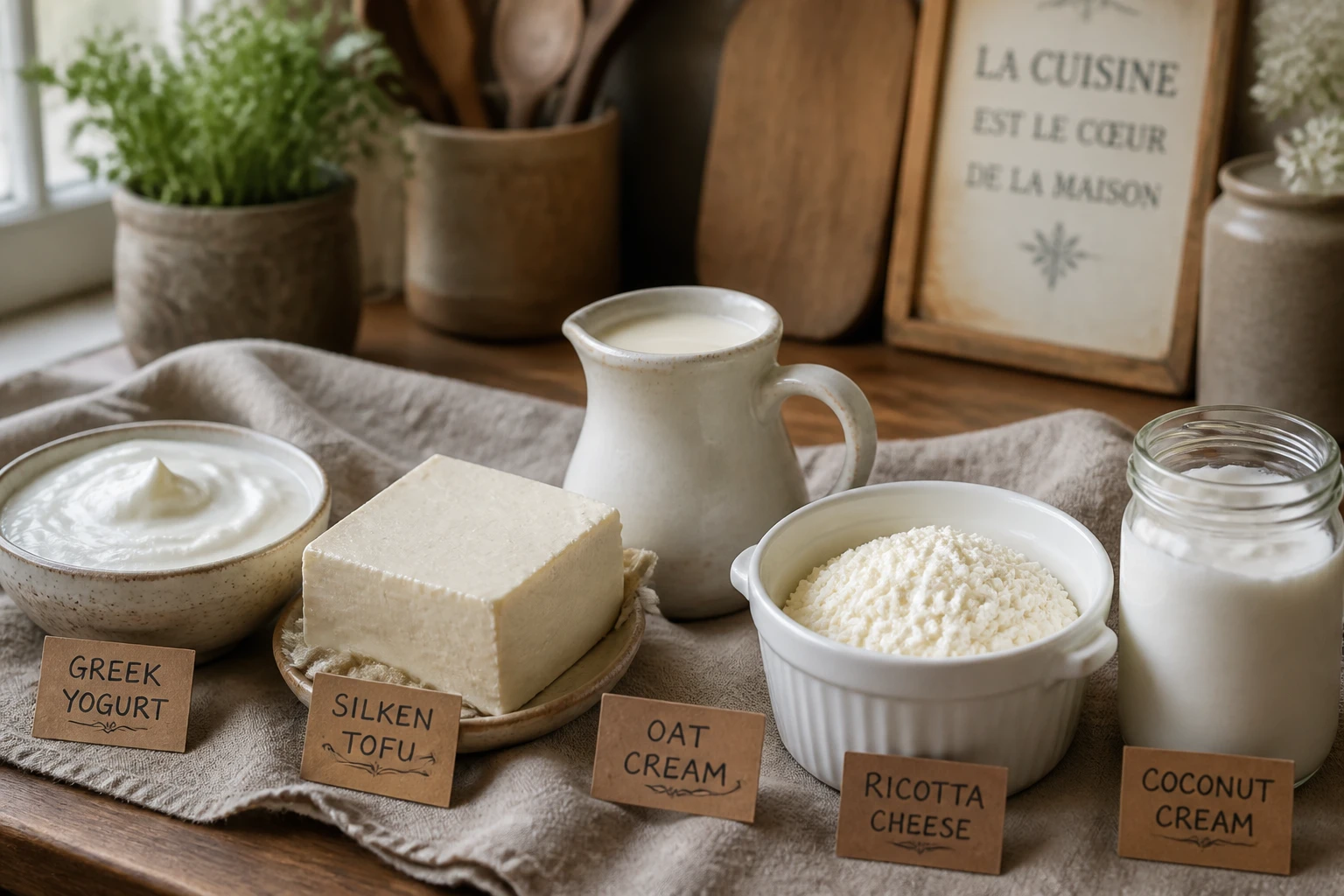Alternatives à la crème fraîche : yaourt grec, tofu soyeux, ricotta et crème d'avoine sur plan de travail en bois clair
