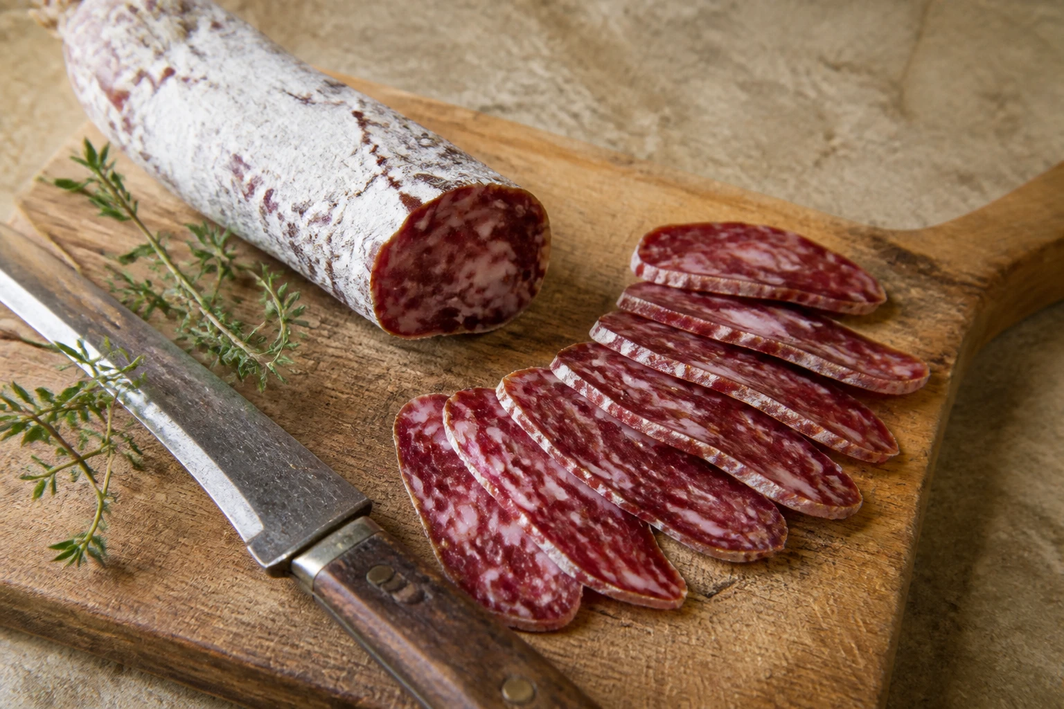 Tranches de saucisson sans gras disposées sur une planche en bois avec un couteau ancien
