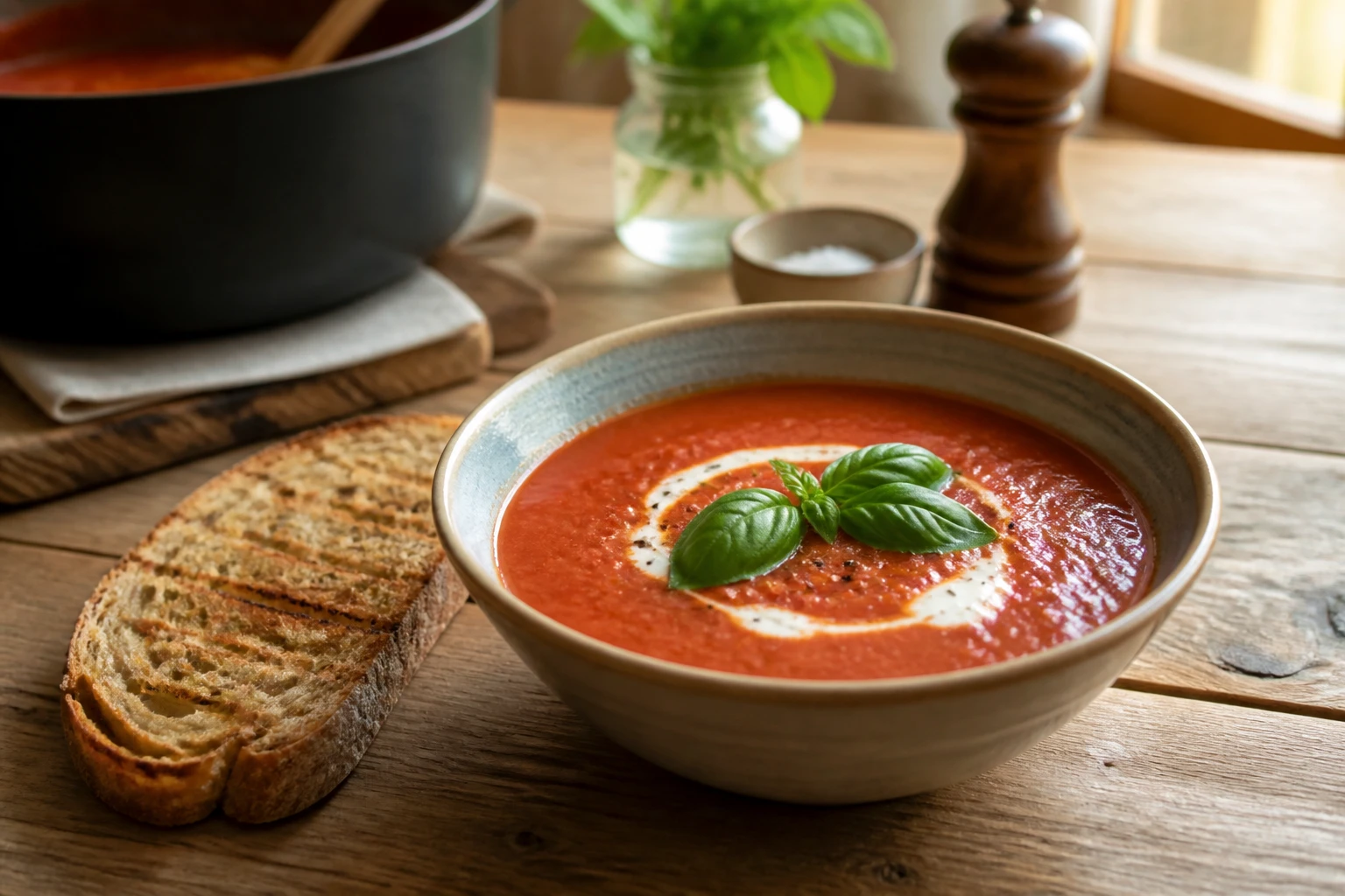 Bol de soupe de tomate maison garnie de crème et de basilic frais, avec une tranche de pain grillé