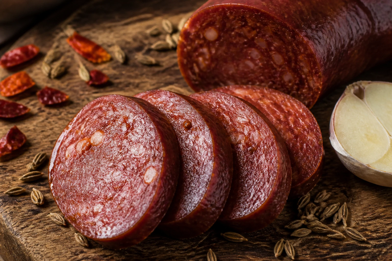 Tranches de sujuk épicé sur planche en bois avec épices cumin et ail