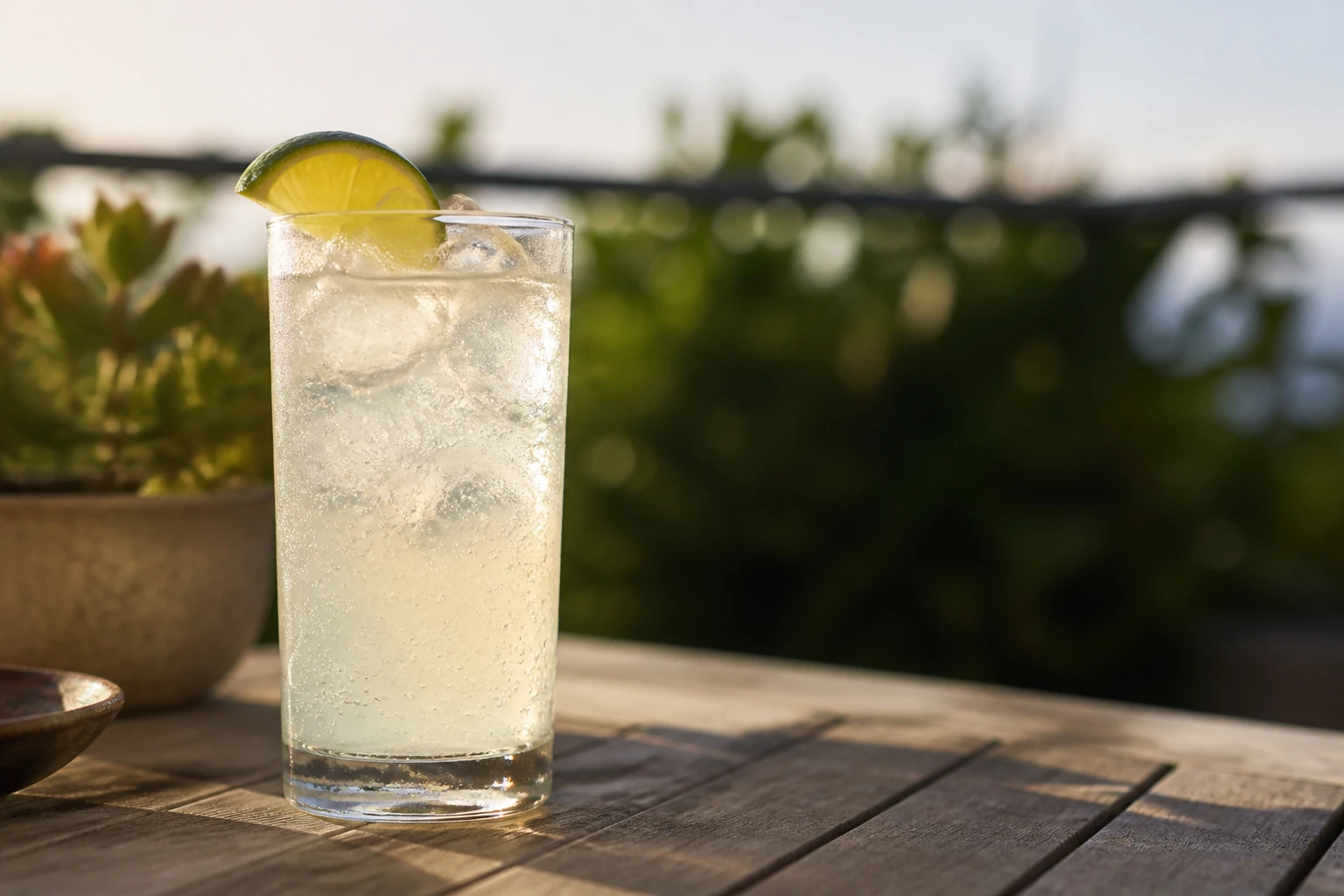 Verre de teq paf glacé, mélange tequila et soda citron vert, sur une table de terrasse