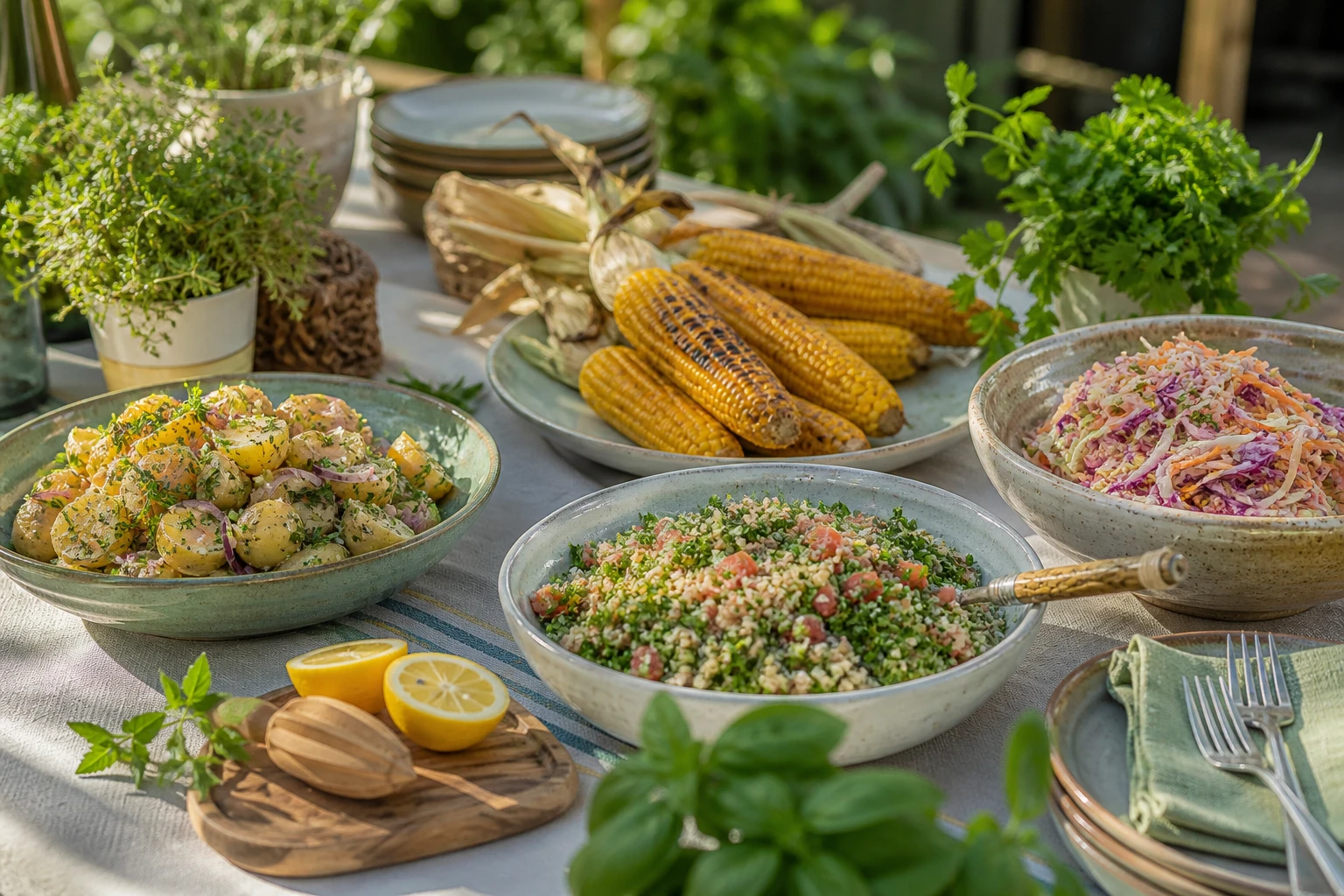 Table de jardin en été avec plusieurs accompagnements barbecue dans des saladiers en céramique