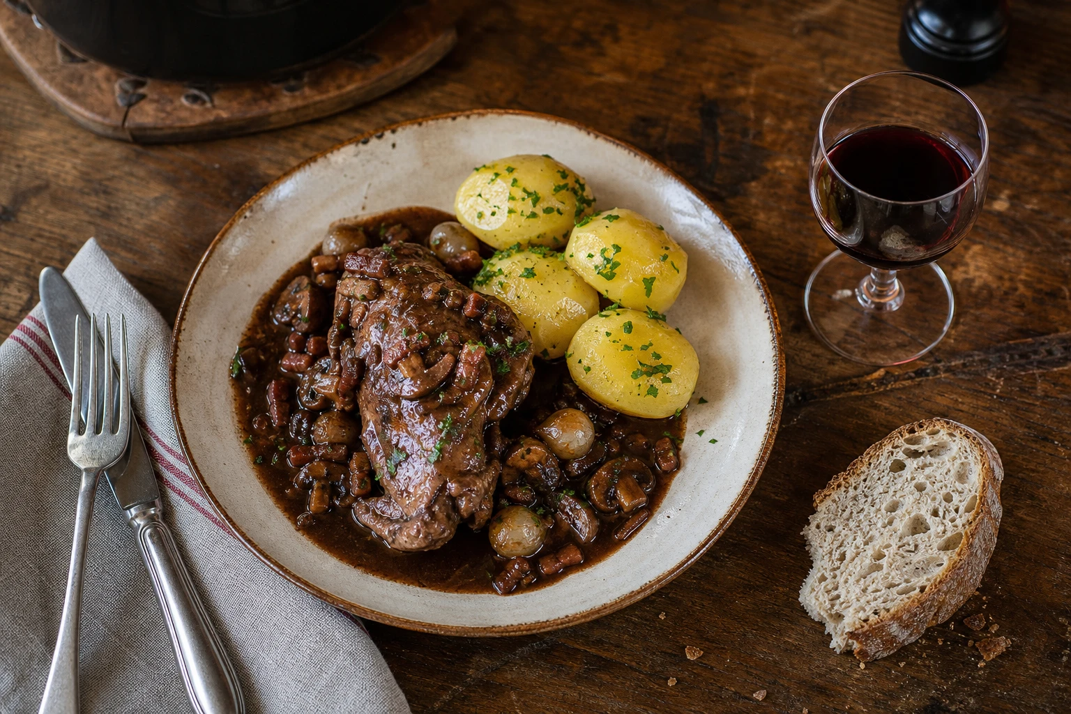 Assiette de coq au vin accompagnée de pommes de terre vapeur, pain de campagne et verre de vin rouge sur table en bois