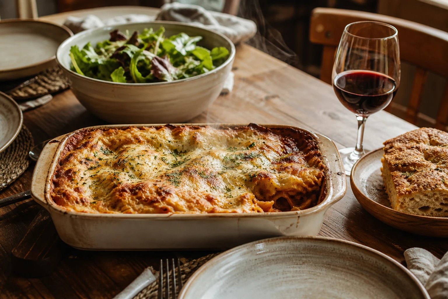 Table avec lasagnes, salade verte, focaccia et verre de vin rouge en accompagnement