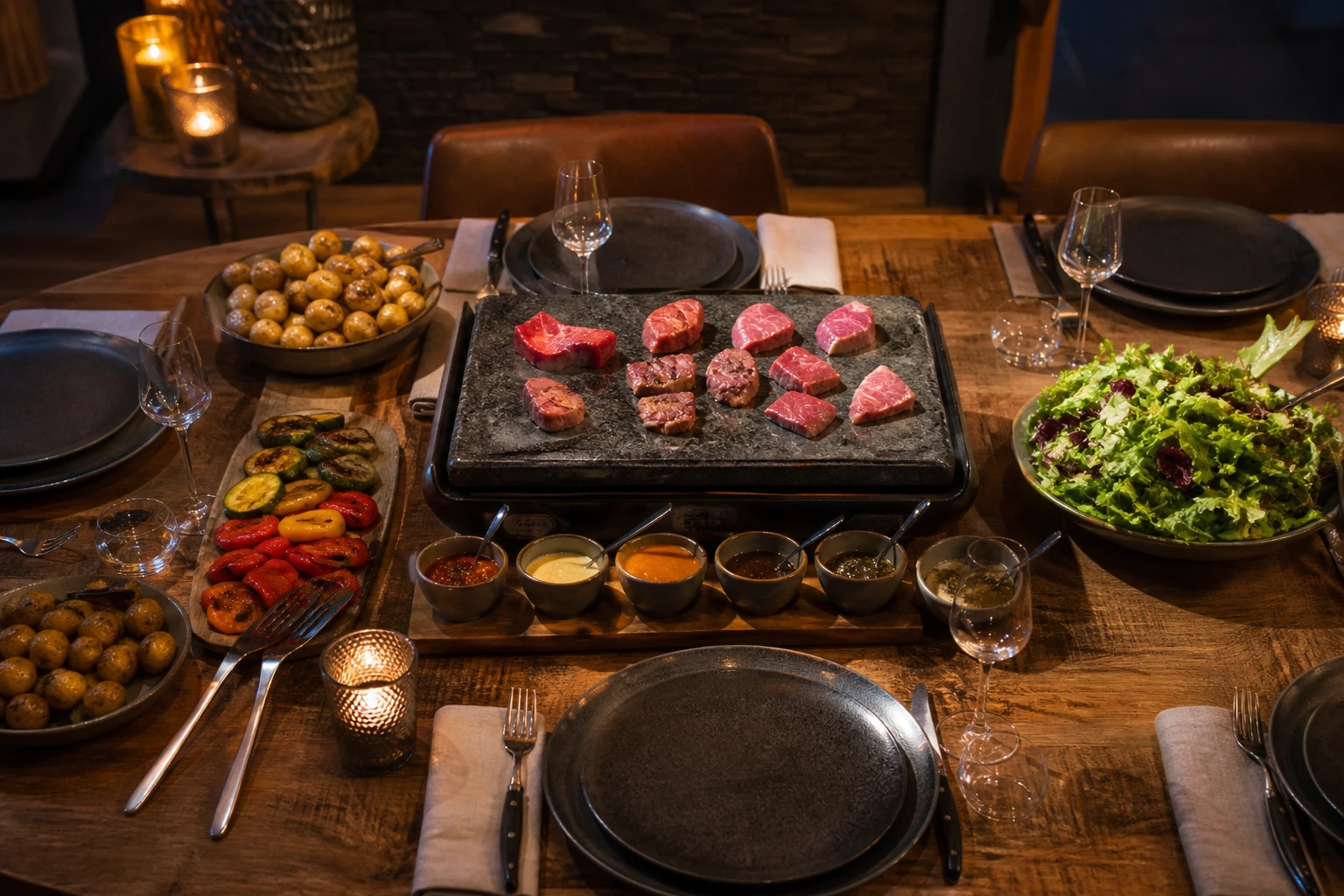 Table de pierrade dressée avec légumes grillés, sauces et pommes de terre grenaille pour un repas convivial