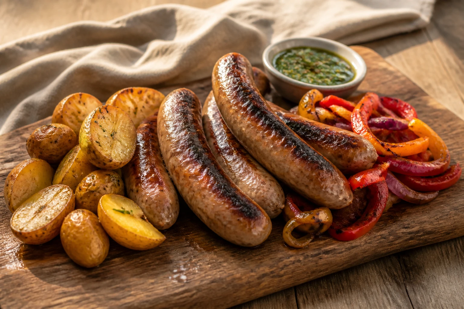 Saucisses grillées sur planche en bois avec grenailles rôties, légumes caramélisés et sauce chimichurri