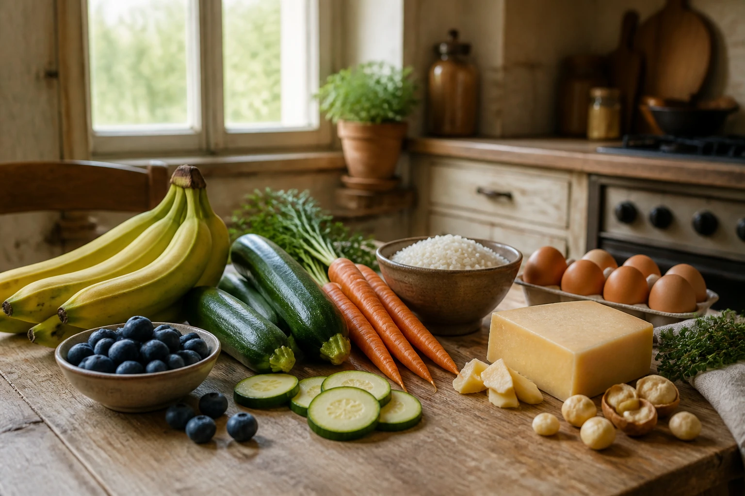 Assortiment d'aliments pauvres en FODMAP sur une table en bois : fruits, légumes, céréales et fromage affiné