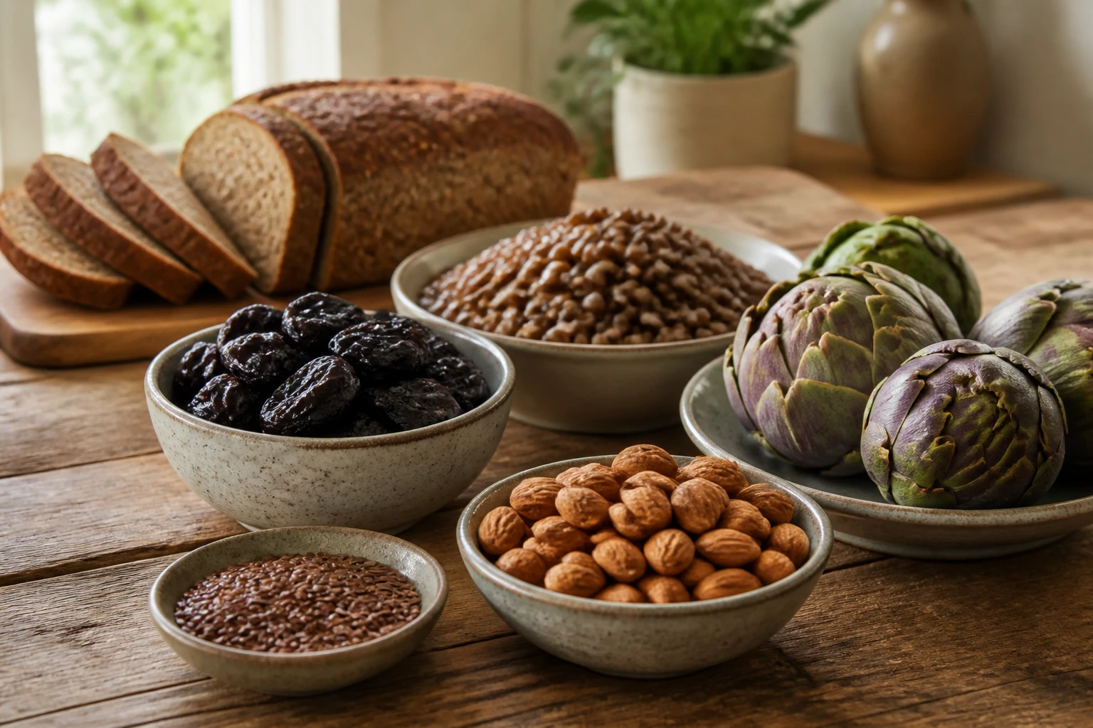 Assortiment d'aliments riches en fibres sur une table en bois : amandes, pruneaux, lentilles, artichauts et pain complet