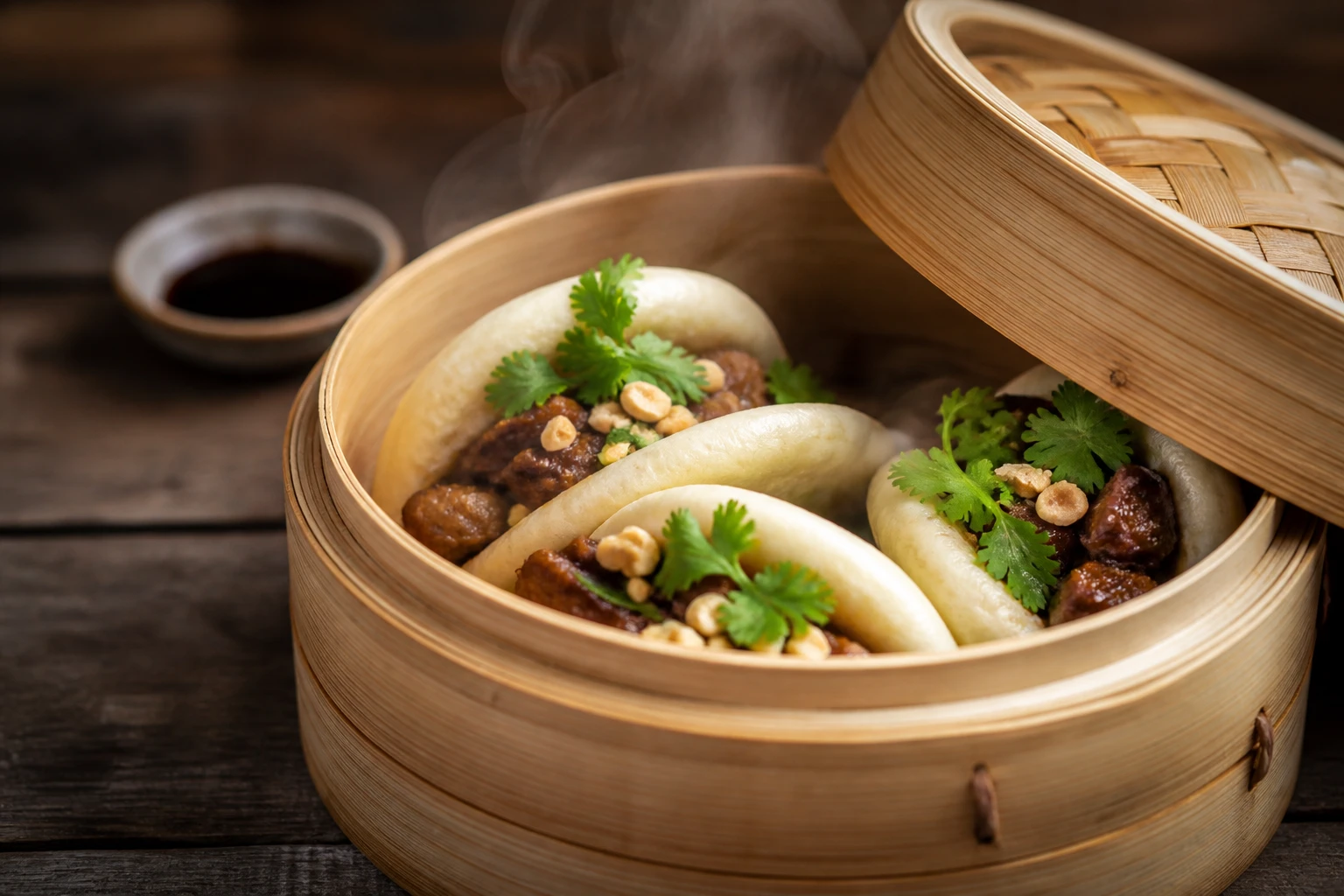 Bao buns maison garnis de porc confit dans un panier vapeur en bambou fumant