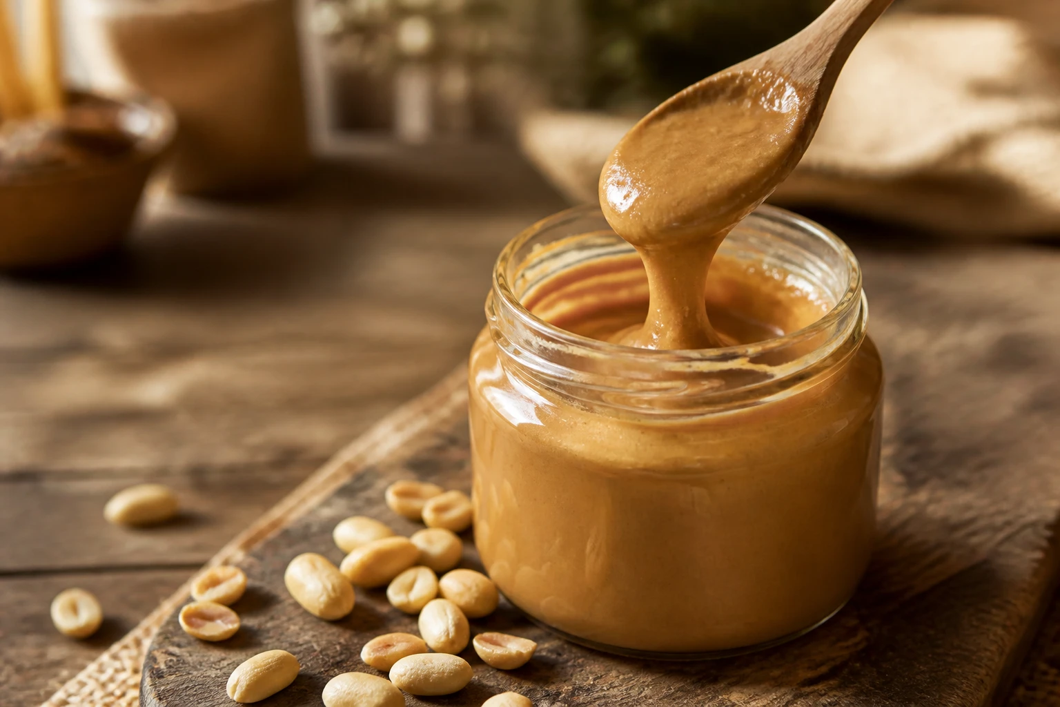 Pot de beurre de cacahuète maison crémeux avec cuillère en bois et cacahuètes grillées sur planche en bois