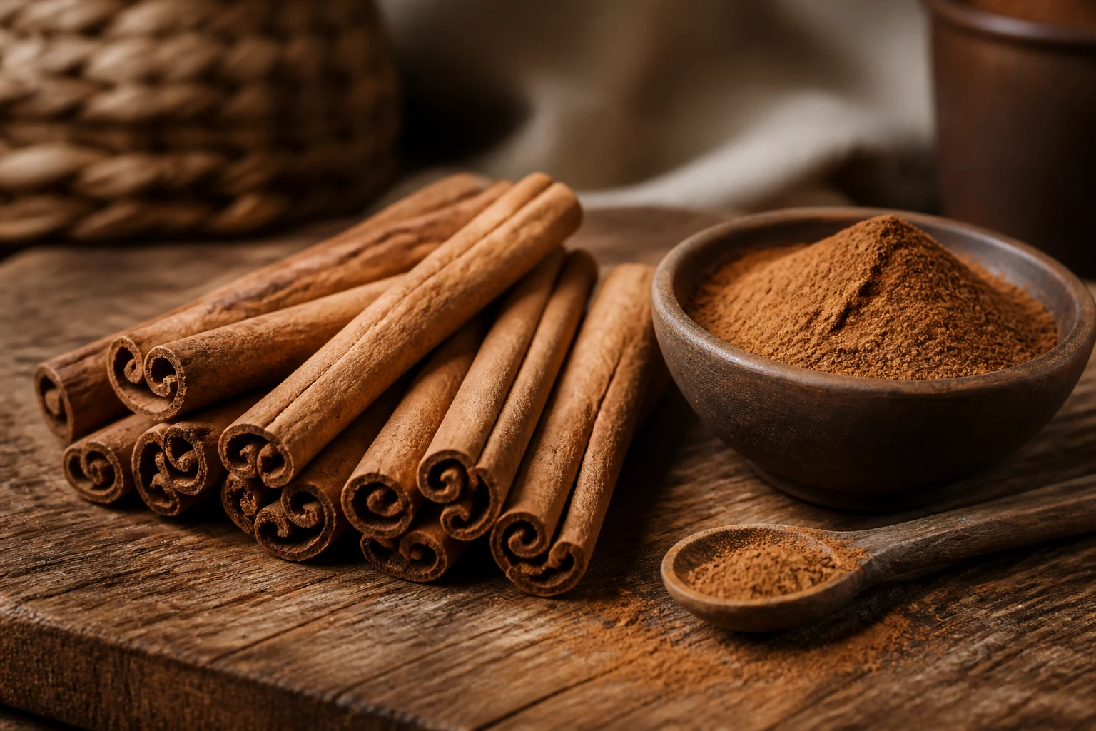 Bâtons de cannelle de Ceylan et cannelle en poudre sur une planche en bois, ambiance cuisine rustique