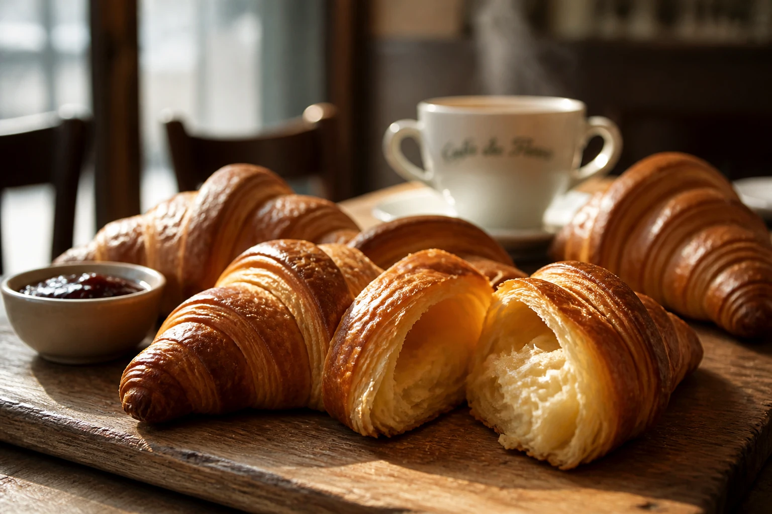 Croissants dorés sur planche en bois avec un croissant coupé montrant le feuilletage au beurre