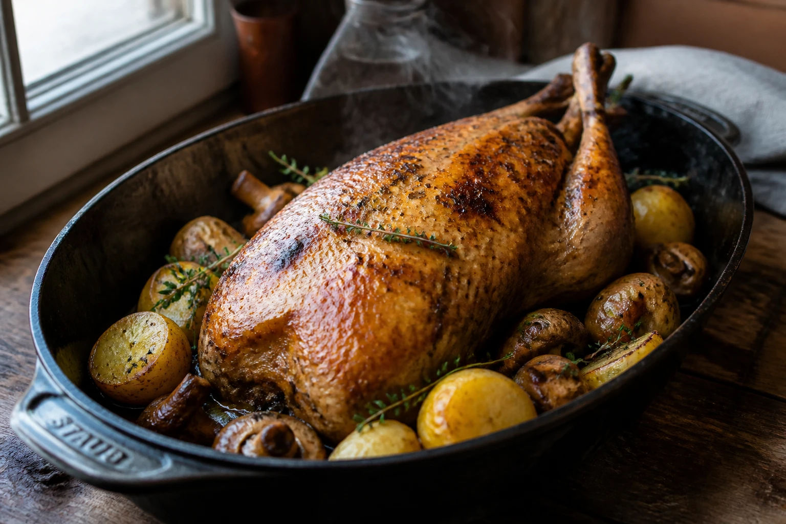 Canette rôtie dorée dans une cocotte en fonte avec pommes de terre et champignons, recette traditionnelle de grand-mère