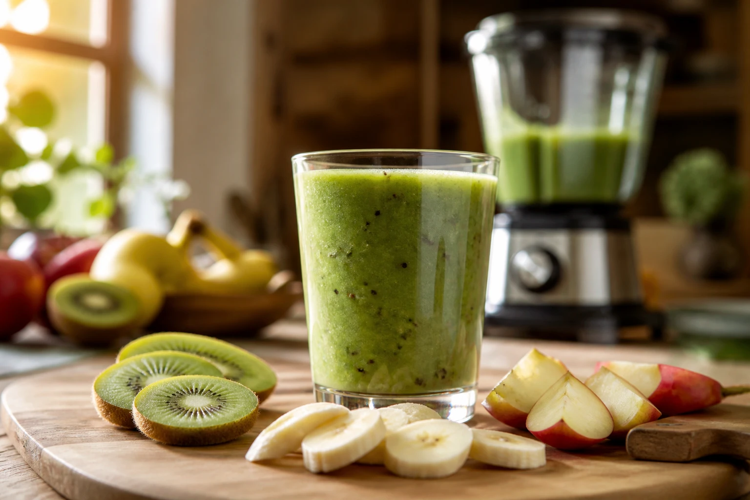 Verre de smoothie vert maison entouré de fruits frais sur une table en bois, lumière du matin