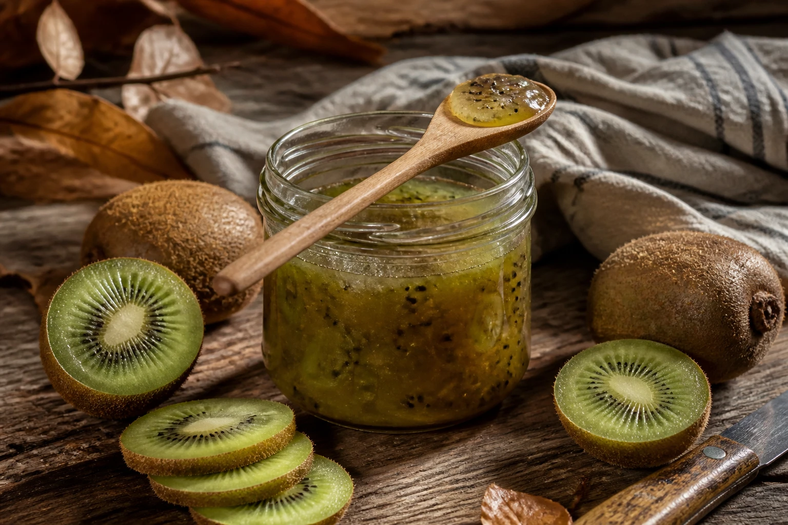 Pot de confiture de kiwi maison ouvert entouré de kiwis frais tranchés sur une table en bois