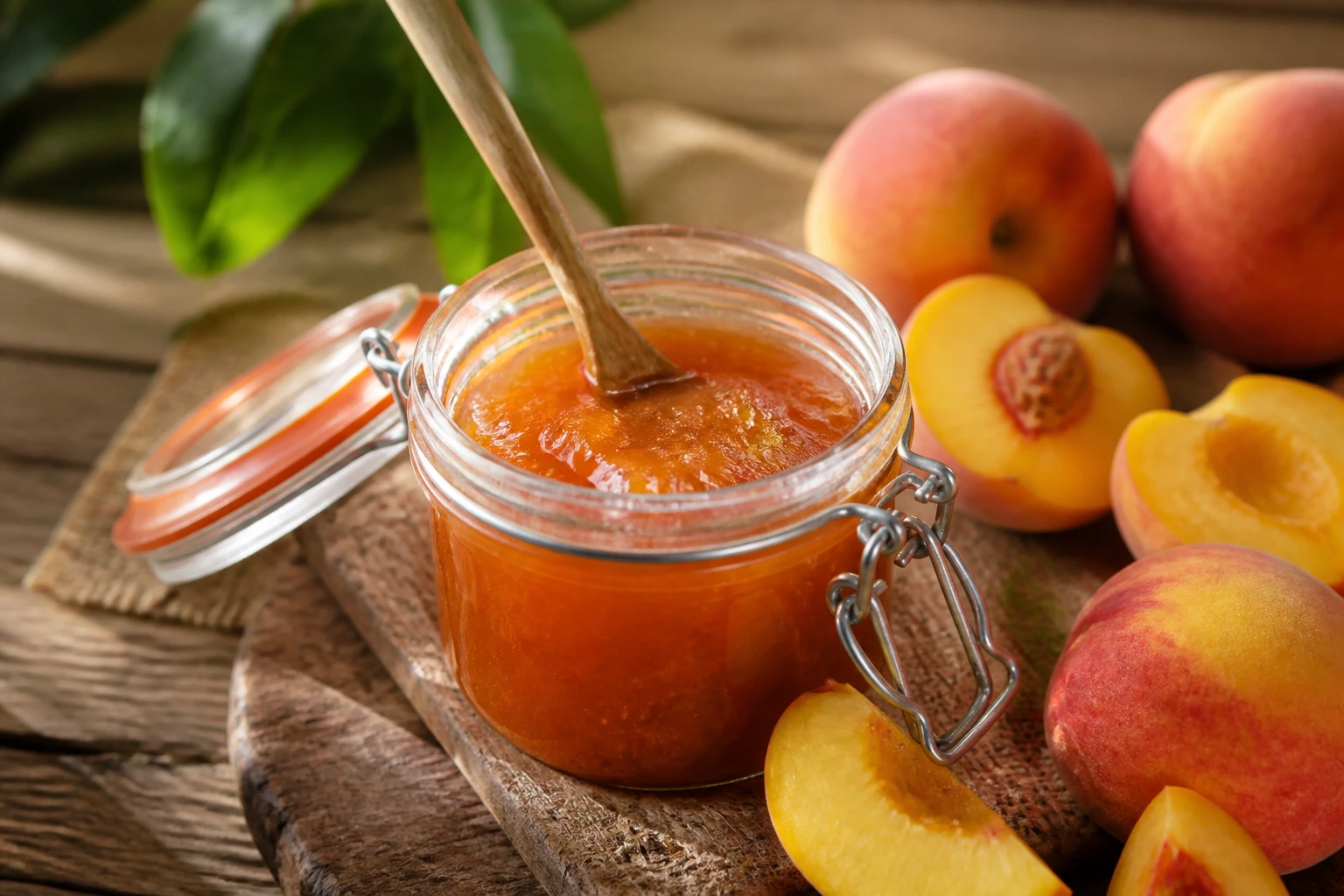 Pot de confiture de pêches maison à l'ancienne entouré de pêches jaunes fraîches sur table en bois