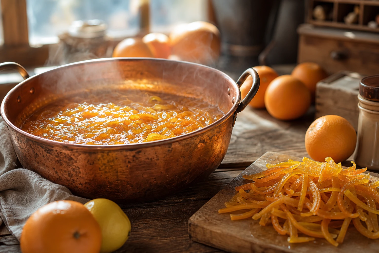 Marmelade d'orange amère en cuisson dans une bassine en cuivre avec écorces coupées