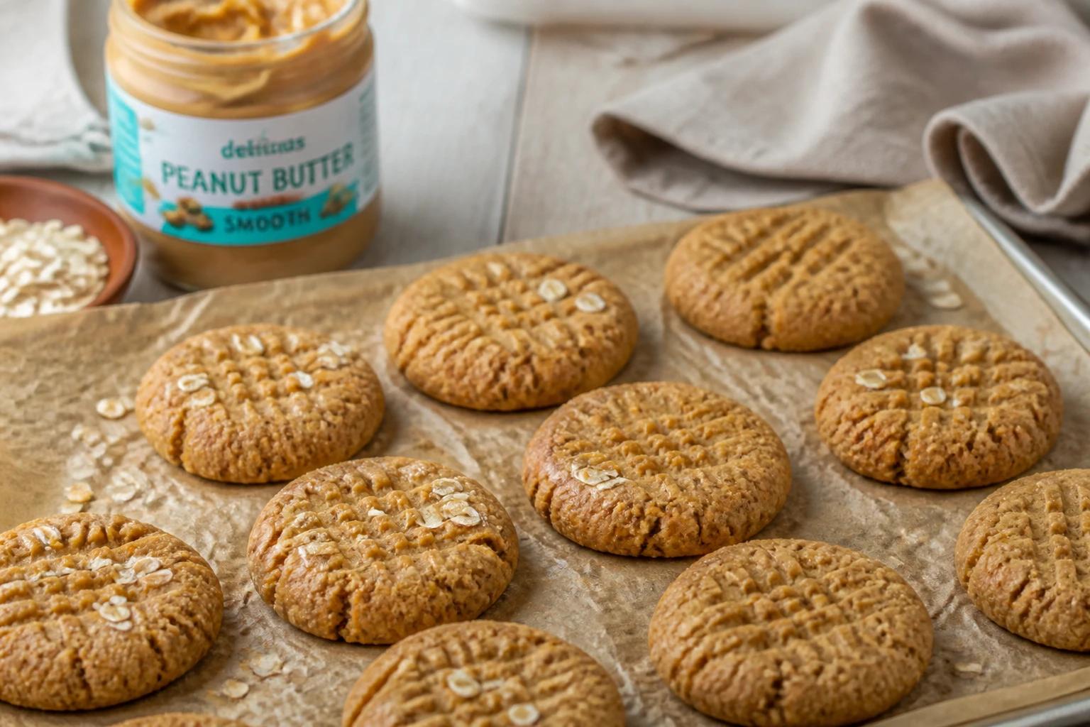 Cookies healthy au beurre de cacahuète moelleux disposés sur une plaque avec des flocons d'avoine autour
