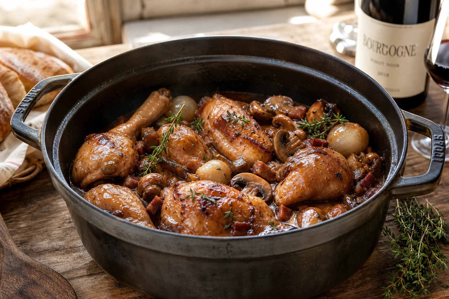 Coq au vin mijoté dans une cocotte en fonte avec champignons et oignons grelots, sauce nappante