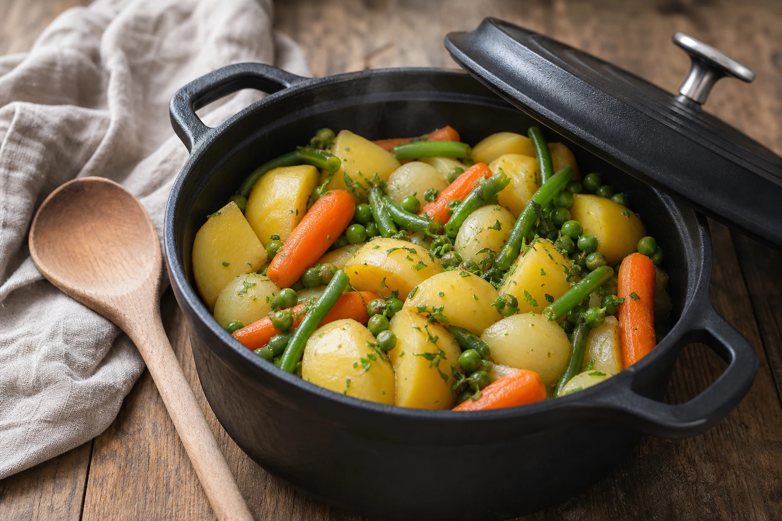Cocotte en fonte remplie de jardinière de légumes grand-mère avec carottes, pommes de terre et petits pois fondants