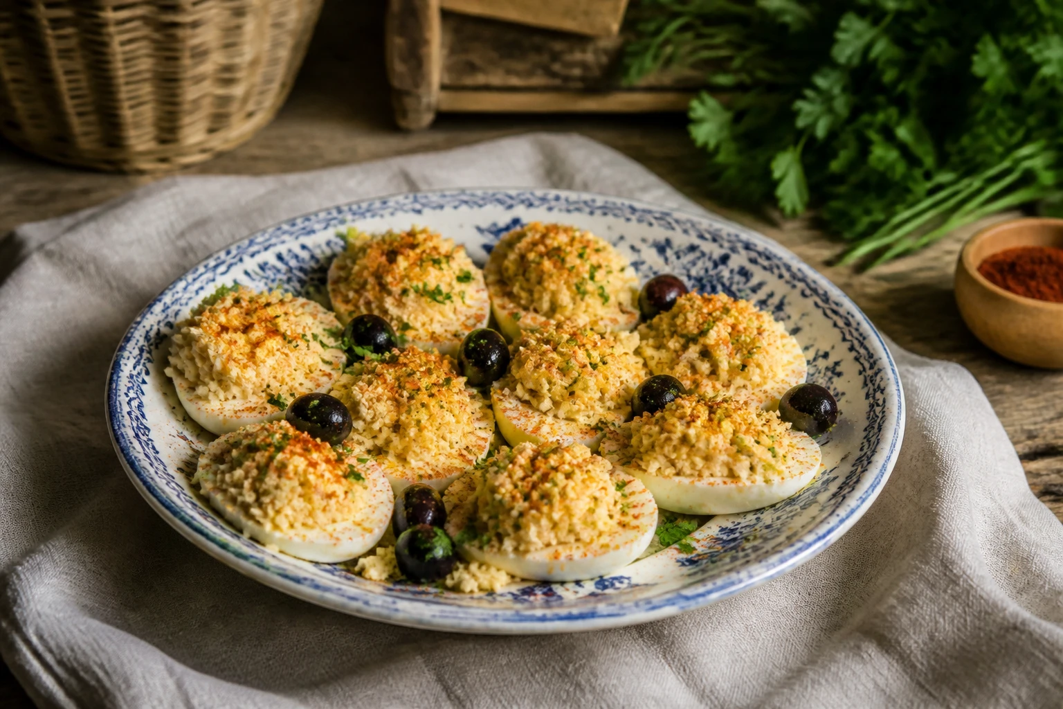 Œufs mimosa dressés sur un plat en faïence, garnis de persil, olives noires et paprika