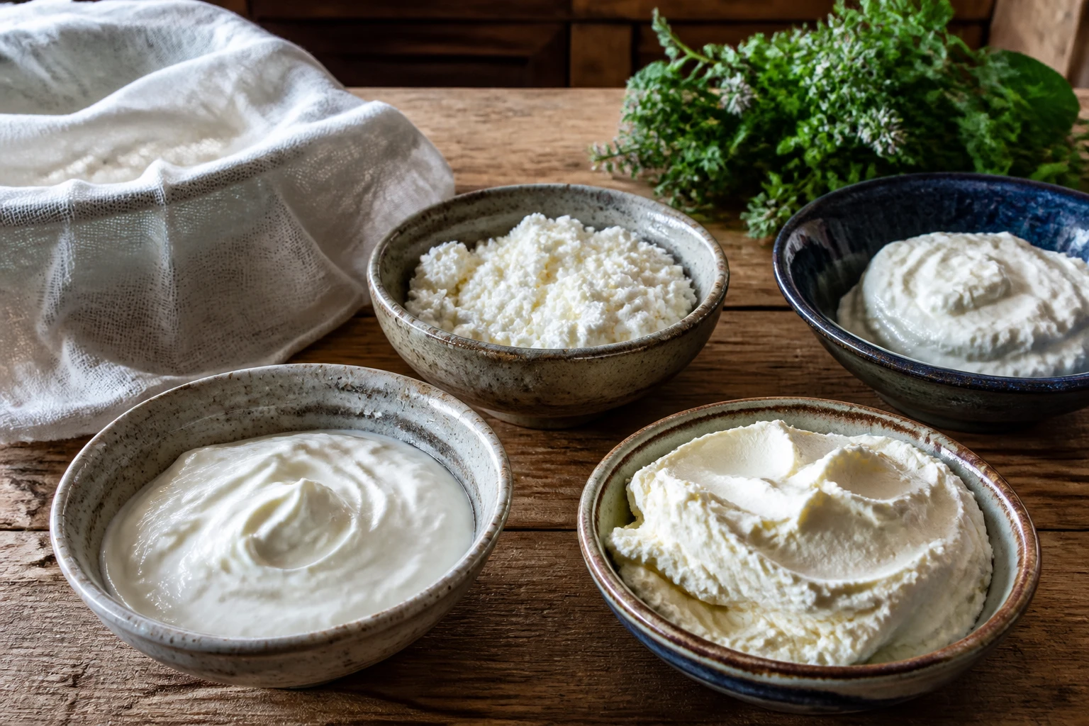 Bols de faisselle, fromage blanc et mascarpone comme substituts à la ricotta sur une table en bois