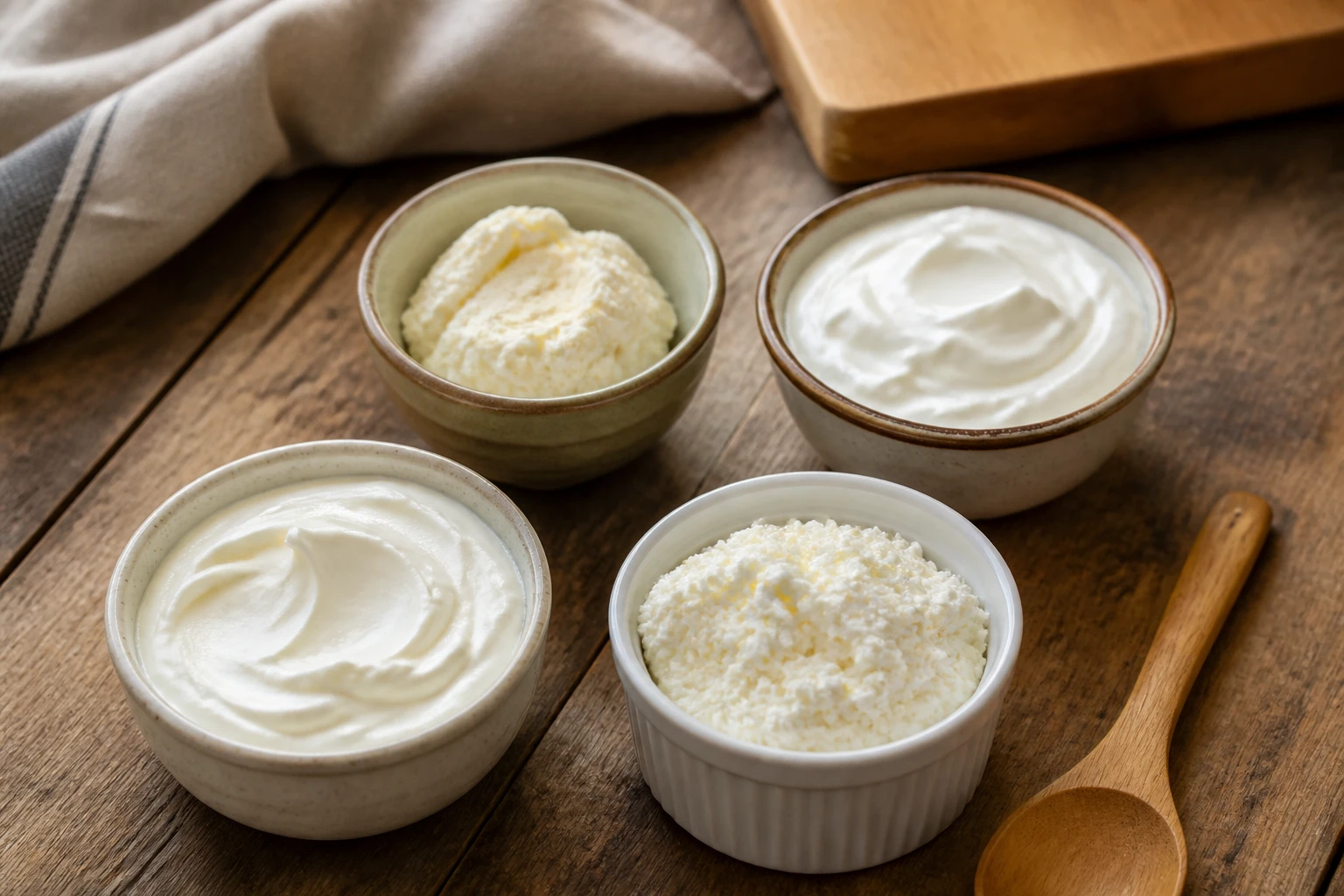 Ramequins de crème fraîche, fromage frais, ricotta et yaourt grec sur une table en bois, alternatives au mascarpone