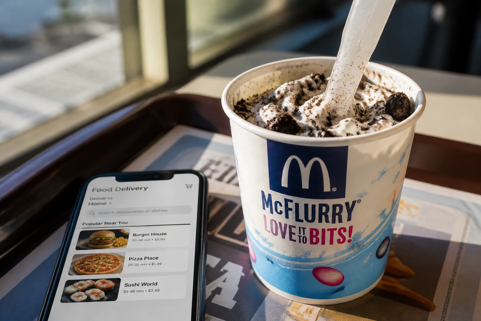 Un McFlurry Oreo posé sur un plateau McDonald's à côté d'un smartphone affichant une application de livraison