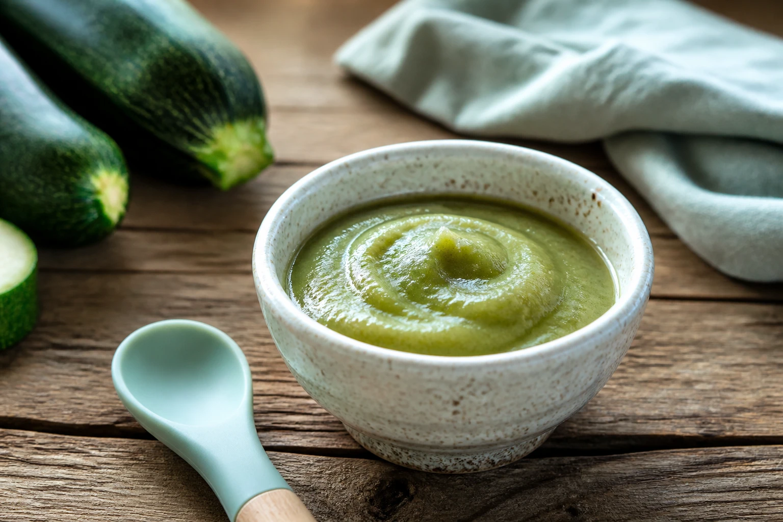 Bol de purée de courgette lisse pour bébé avec cuillère en silicone sur une table en bois