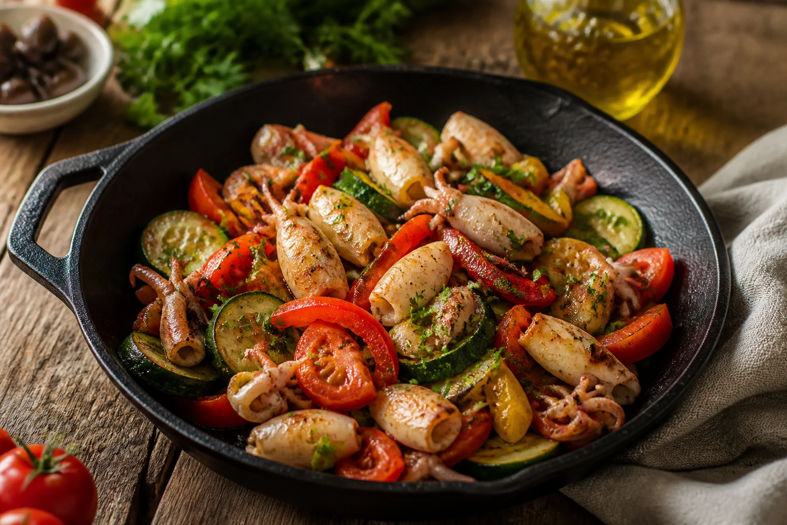 Poêlée d'encornets aux poivrons, tomates et courgettes servie sur une table en bois